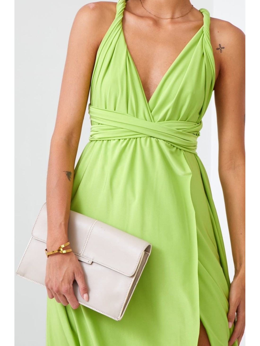 Rochie maxi cu cravata la gat, verde lime 30000 - Magazin online - Boutique